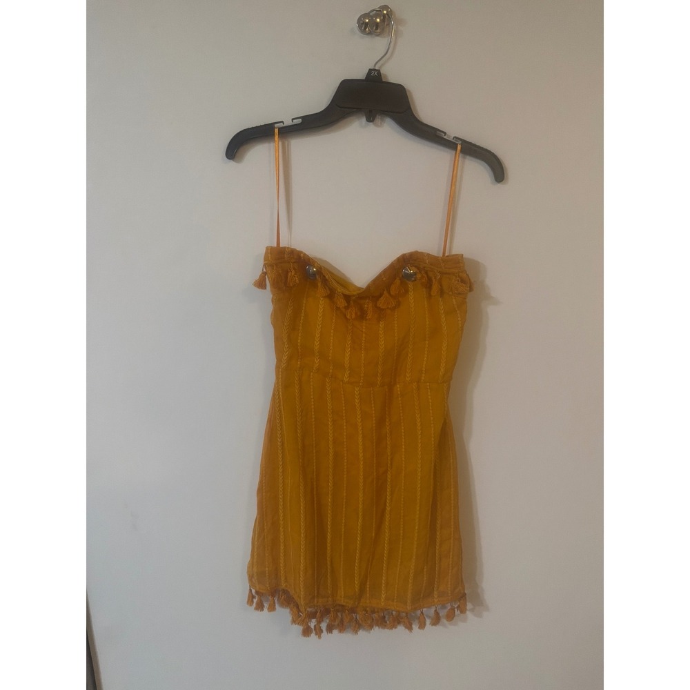 Honey Punch Mustard Yellow Tassel Trim Embroidered Mini Dress Boho 7ID4111H-TS M
